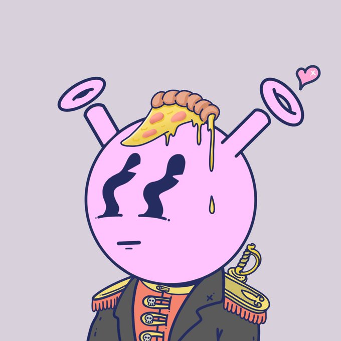 A digital cartoon illustration of a pink character with donuts for ears, wearing a military-style jacket with epaulettes, and a slice of pizza melting on its head like a hat.