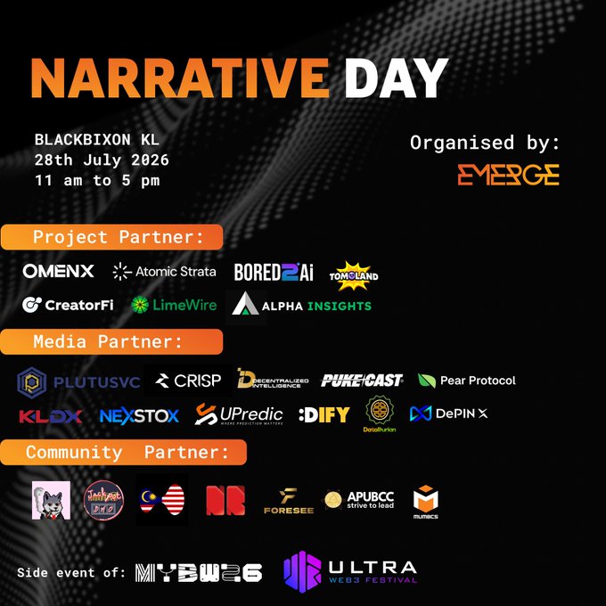 Promotional flyer for "Narrative Day" at BlackBixon KL on 28th July 2026 (11am-5pm), organized by EMERGE, featuring logos of project partners (Omenx, Atomic Strata, Bored AI, Tomoland, CreatorFi, LimeWire, Alpha Insights), media partners (PlutusVC, Crisp, Decentralized Intelligence, Puke Cast, Pear Protocol, KLDX, Nexstox, UPredict, DIFY, Dosiburbu, DePIN X), and community partners (including Animoca Brands, MyMelody Bear, Foresee, APUBCC, and Sumtek), as a side event of MyBM Web3 and Ultra Web3 Festival.