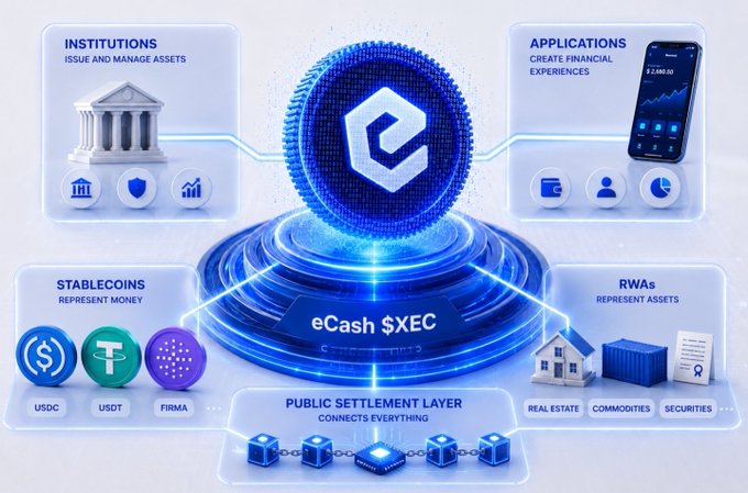 An infographic for eCash ($XEC) cryptocurrency, showing its role connecting institutions, applications, stablecoins (USDC, USDT, FIRMA), and real-world assets through a public settlement layer.