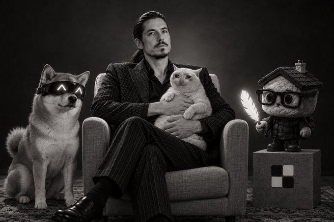 A black-and-white artistic photo featuring a man in a pinstripe suit sitting in an armchair holding a white cat, flanked by a Shiba Inu wearing sunglasses on the left and a small house-like figurine with glasses holding a glowing feather on the right.