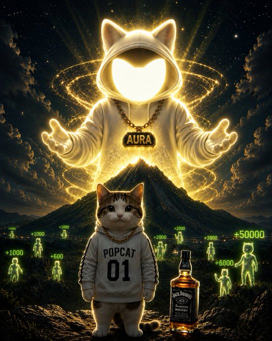 A digital artwork featuring a glowing cat-headed figure in a white hoodie with a gold 'AURA' chain, overlooking a smaller cat in a 'POPCAT 01' jersey beside a Jack Daniel's whiskey bottle, with floating green '+' score numbers.