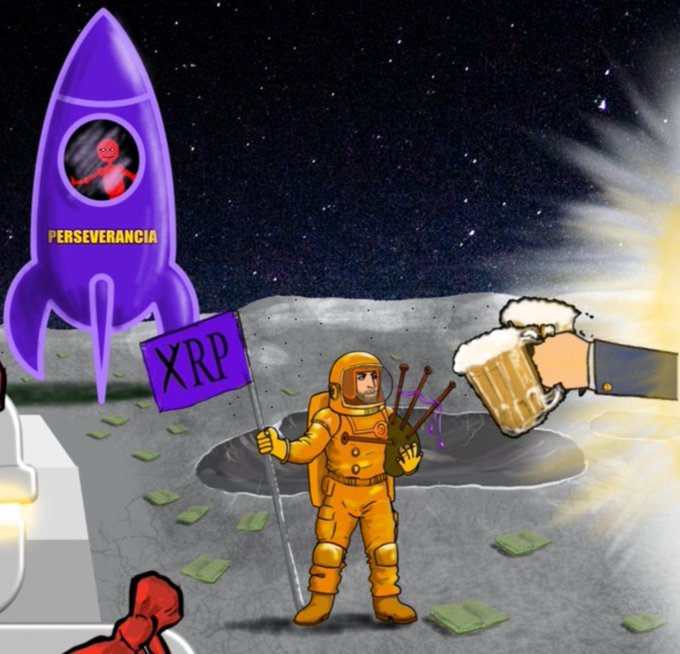 An astronaut holding an "XRP" flag and bagpipes stands on a lunar landscape scattered with money, next to a purple rocket labeled "PERSEVERANCIA," while a giant hand offers a foaming mug of beer—symbolizing XRP/Ripple CEO Brad Garlinghouse's celebrated journey and perseverance in the crypto space.