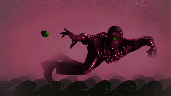 A stylized digital illustration depicts a man with a glowing green eye leaping forward in a dark pink void, reaching toward a floating green cube.
