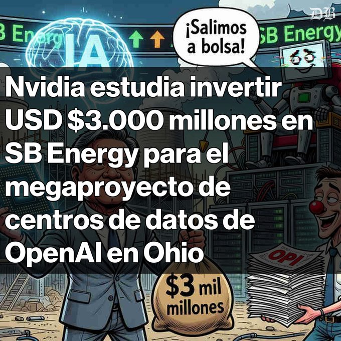 A Spanish-language news graphic with the headline 'Nvidia estudia invertir USD $3.000 millones en SB Energy para el megaproyecto de centros de datos de OpenAI en Ohio,' featuring cartoon illustrations of Jensen Huang holding a money bag and a robot saying '¡Salimos a bolsa!' (We're going public!).