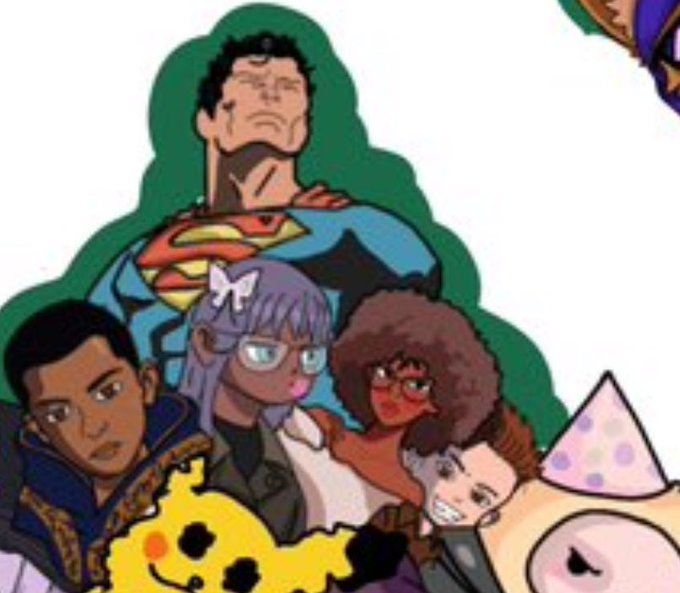 A cartoon-style group illustration featuring a Superman-like figure in the background and several diverse characters in the foreground, including someone with purple hair and glasses, a person with an afro, and cute decorative creatures.