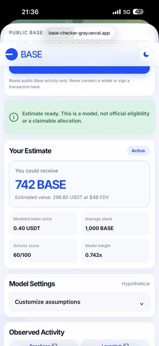 The image shows a cell phone screen with an app called "base-checker-gray.vercel.app" displayed, along with some text that reads "Check airdrop Base xem ae :). Dán check vui vẻ thôi chưa cần làm gì". The main focus of the image is on this app and its features.
