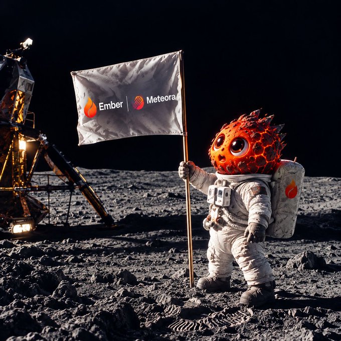A 3D rendered illustration of a cute astronaut with a red meteor-like head planting an 'Ember | Meteora' flag on the moon's surface next to a lunar lander.
