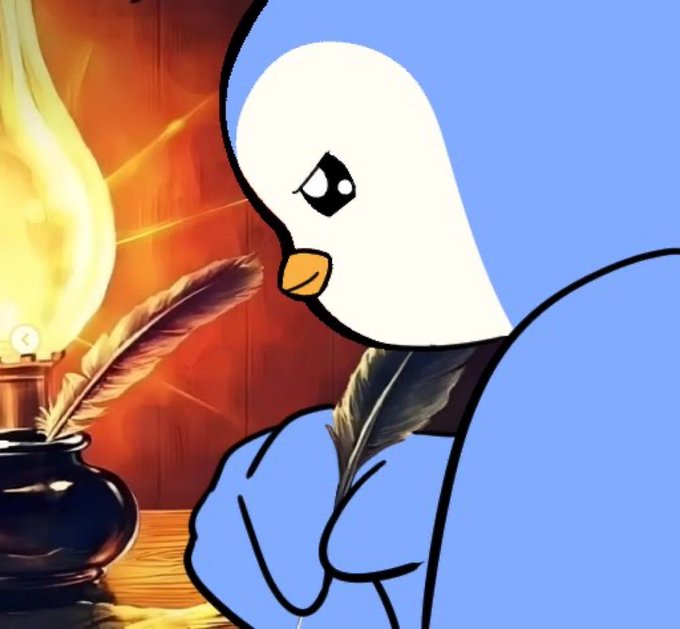 The image shows a cartoon penguin character (resembling an Undertale-style "Napstablook" or Undyne-like figure) writing with a quill pen by candlelight, taking down names on a parchment. 

**Caption:** A blue penguin scribe diligently records names by candlelight, humorously embodying the threat of anyone who greets the day with "Pengu Morning."