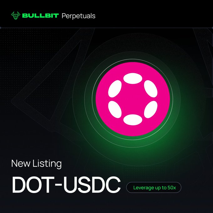 A promotional advertisement from BULLBIT Perpetuals announcing a new listing for DOT-USDC with leverage up to 50x, featuring a pink Polkadot logo.