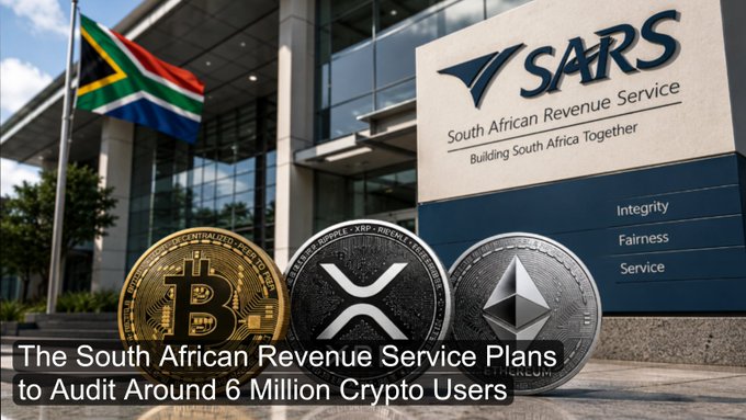 An image showing the South African Revenue Service (SARS) building with the South African flag, accompanied by Bitcoin, XRP, and Ethereum coins. The caption reads "The South African Revenue Service Plans to Audit Around 6 Million Crypto Users," visualizing the headline's report that SARS is targeting the country's crypto holders for tax compliance enforcement.