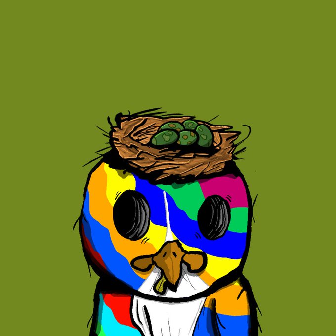 A colorful, stylized digital illustration of a penguin against an olive-green background. The penguin's body is composed of irregular blocks of vibrant colors including blue, yellow, red, and green, and it has a brown nest with three green eggs resting on top of its head.