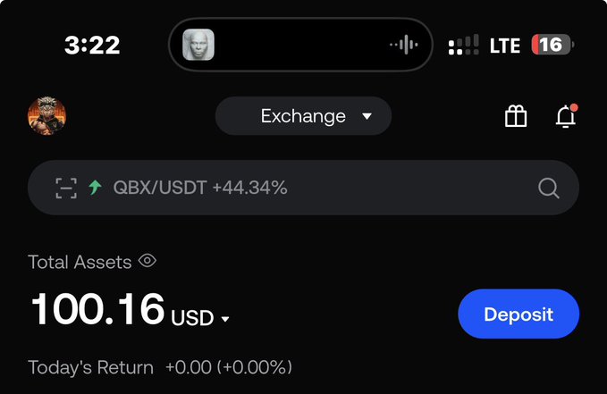 A mobile trading app screenshot shows a total balance of "100.16 USD" with a token ticker "QBX/USDT +44.34%" and the time displayed as 3:22.