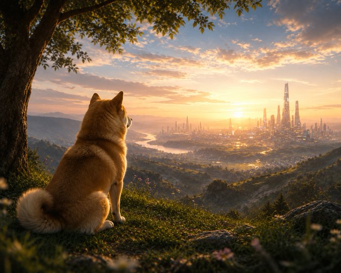 A golden Shiba Inu dog sits on a grassy hill beneath a tree, looking out over a futuristic city skyline at sunset.