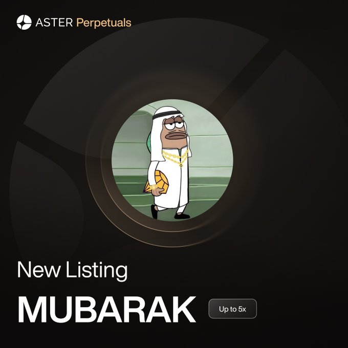 ASTER Perpetuals promotional image for a new listing called "MUBARAK" with up to 5x leverage, featuring a cartoon character in traditional Arab attire.