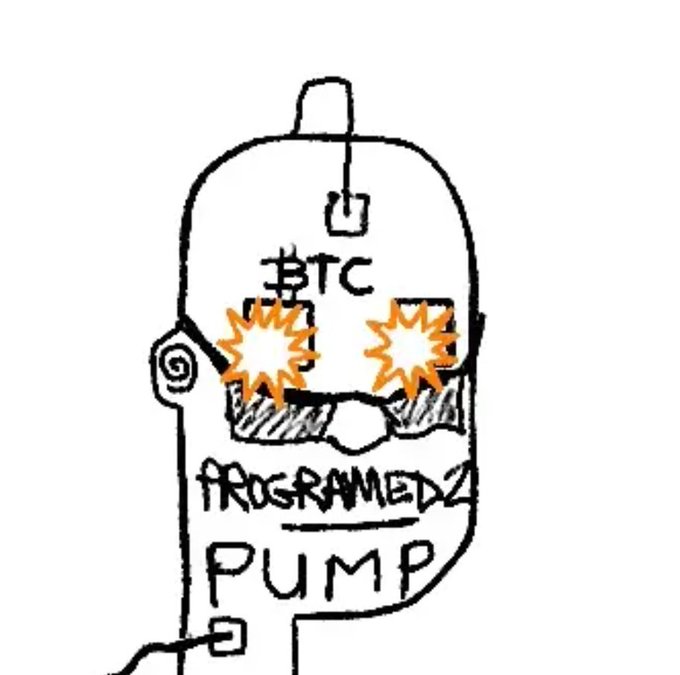A hand-drawn cartoon illustration of a robot character with glowing orange eyes, labeled 'BTC' on its forehead and 'PROGRAMMED 2 PUMP' written on its body.