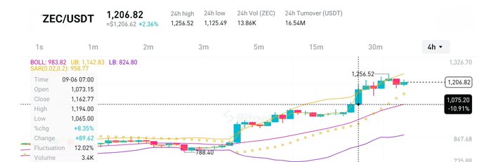 A cryptocurrency trading chart displaying ZEC/USDT at a price of 1,206.82, showing a +2.36% gain over 24 hours with a 4-hour candlestick view indicating a +8.35% increase.