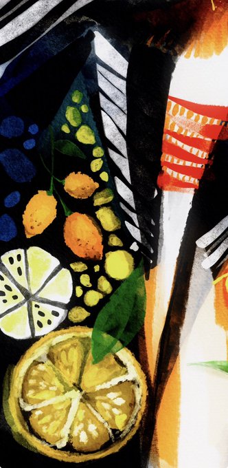 A watercolor-style still life painting featuring sliced lemons, lemons on branches, a leaf, and a striped red and yellow object against a dark background.