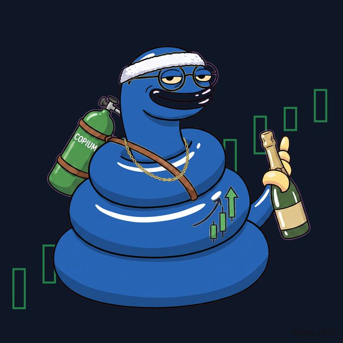 A blue coiled cartoon character wearing a white headband, glasses, and a gold chain, carrying a green tank labeled 'COPIUM' and holding a champagne bottle, set against a background of green stock chart candles.