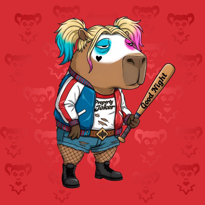 A stylized cartoon illustration of a capybara dressed as Harley Quinn, wearing a red and blue jacket with 'Property Joker' shirt, holding a baseball bat labeled 'Good Night' against a red background with smaller capybara silhouettes.