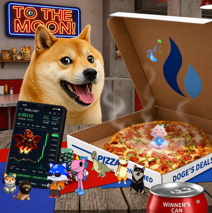 The image features an anthropomorphized dog with human-like facial expressions, standing next to a box of pizza. There are several other dogs and animated cartoon characters surrounding the pizza box. In addition to the animals, there are two cell phones present in the scene - one near the top right corner and another on the left side. The text above the picture reads: "to the moon!" which is likely part of a promotional post or message for the pizza brand.