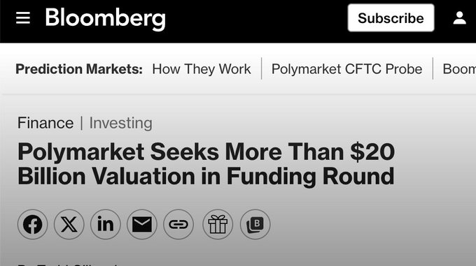 A Bloomberg article headline reads "Polymarket Seeks More Than $20 Billion Valuation in Funding Round" under the Finance | Investing section, with prediction market topics listed above.
