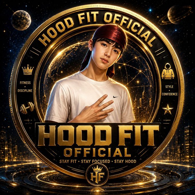 A gold and black promotional graphic for 'HOOD FIT OFFICIAL' features a young man in a white Nike shirt and red cap, with the tagline 'STAY FIT • STAY FOCUSED • STAY HOOD'.