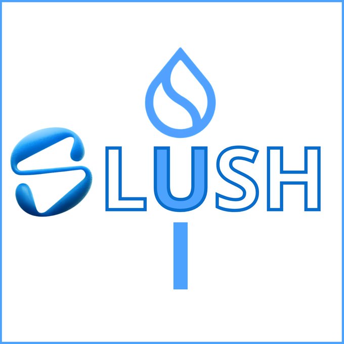 A logo for 'SLUSH' displayed in blue text with a stylized water droplet icon above the 'U' against a white background.