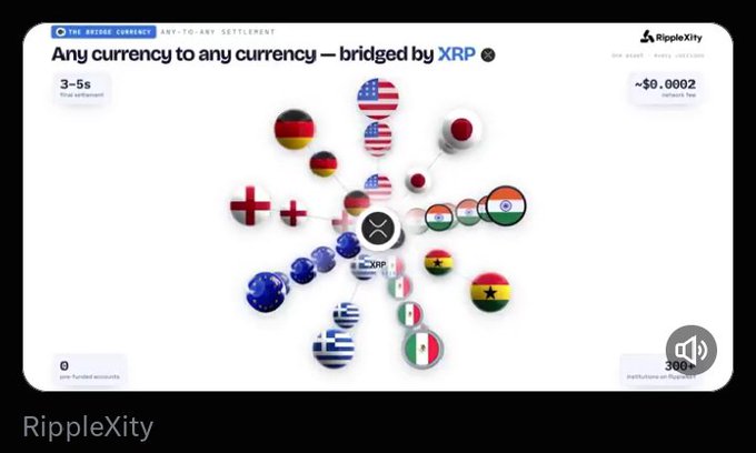 A promotional graphic for RippleXity showing 'Any currency to any currency — bridged by XRP' with various national flags connected to a central XRP logo, indicating 3–5s settlement and a ~$0.0002 fee.