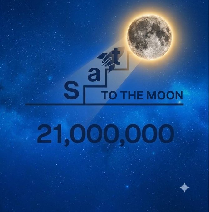 Against a starry blue space background, a glowing moon appears above stylized text reading "sat TO THE MOON" with a rocket icon, followed by the large number "21,000,000".