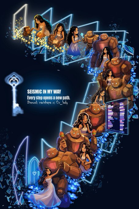 Digital artwork titled 'SEISMIC IN MY WAY - Every step opens a new path' showing a woman interacting with large robots across a glowing blue and orange crystalline staircase.
