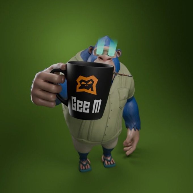 A 3D-rendered monkey character wearing a beige vest, sunglasses, and flip-flops, holding up a black mug with the orange Geem logo.