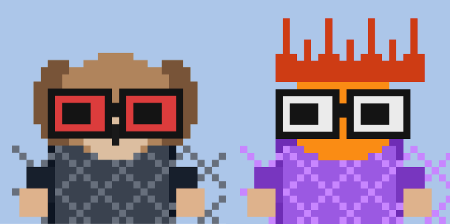 Pixel art illustration showing two characters with glasses—one in black and red, the other in orange with a crown—both appearing in simple, blocky style against a light blue background.