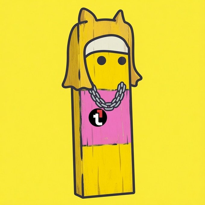 An artistic illustration of a Lego-like character with blonde hair, wearing a pink shirt with a black symbol, gold chain, against a yellow background.