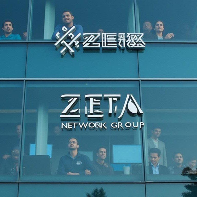 The Zeta Network Group office building with people visible behind glass windows; the logo 'ZETA NETWORK GROUP' is displayed prominently on the facade.