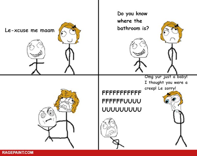 A four-panel rage comic where a stick figure mistakes a baby for a creepy crawly creature after asking for the bathroom, leading to an embarrassing panic attack.