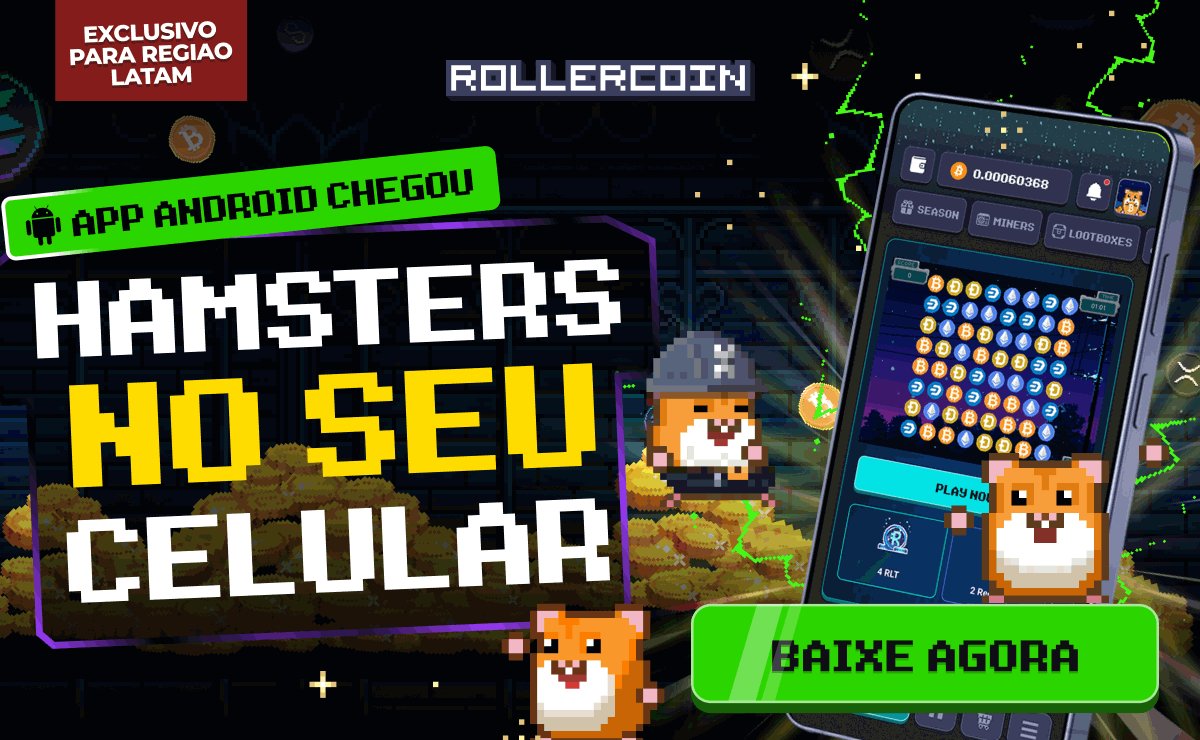 The image features an advertisement for a mobile game called "Hamsters No Seu Cellular" that is available for both Android and iOS platforms. The game is designed for smartphones, with a unique gameplay style featuring hamster characters as the main players. The ad also includes text in Spanish about the app's exclusivity and how to download it from Google Play Store.