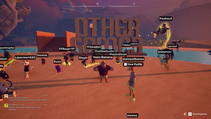 Players with usernames like 'TF2Addict', 'StacknZerps', and 'freshout' gather around a sign reading 'OTHER CRACK' in a video game scene.