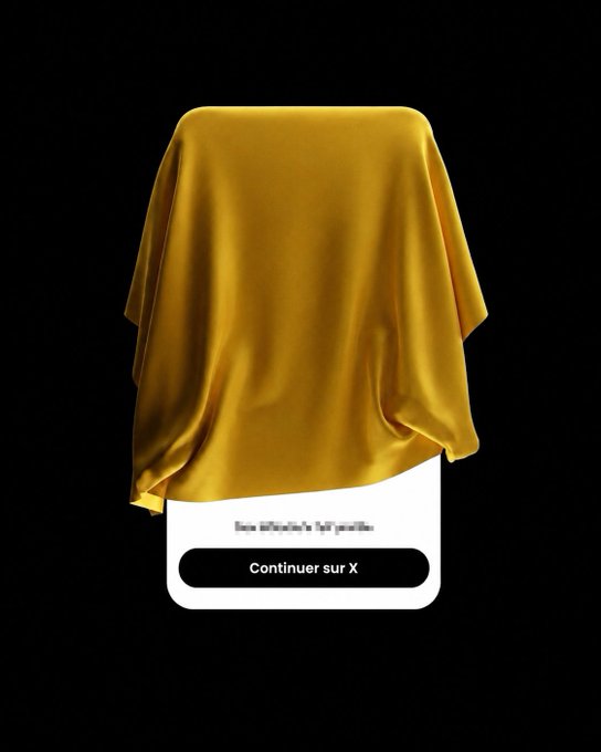 A digitally rendered golden cloth drapes over an unseen object, revealing a white card beneath with French text reading "Une Official full profile" and a black button labeled "Continuer sur X," teasing an upcoming reveal on X (formerly Twitter).