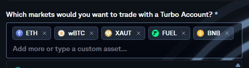 A dark-themed interface from o2dotapp prompts "Which markets would you want to trade with a Turbo Account?" and displays five selected assets—ETH, wBTC, XAUT, FUEL, and BNB—matching the user's chosen trading preferences.