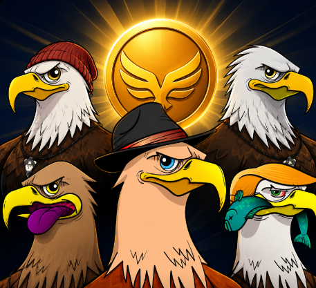 A cartoon illustration of five anthropomorphic eagles with accessories like hats and scarves, gathered in front of a glowing golden emblem.