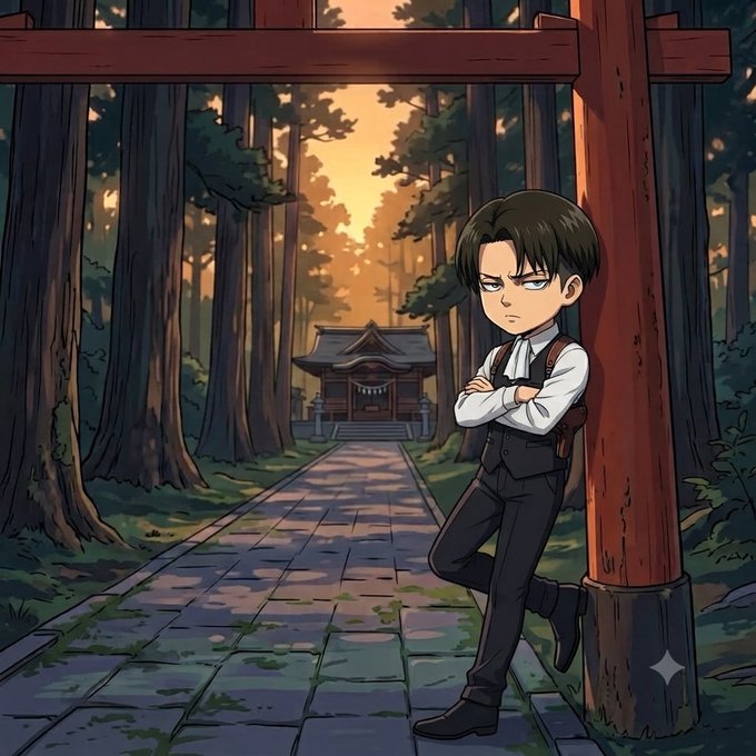 An anime-style illustration of a young boy in a vest and white shirt standing with crossed arms under a red torii gate in a forest, with a shrine visible in the background.