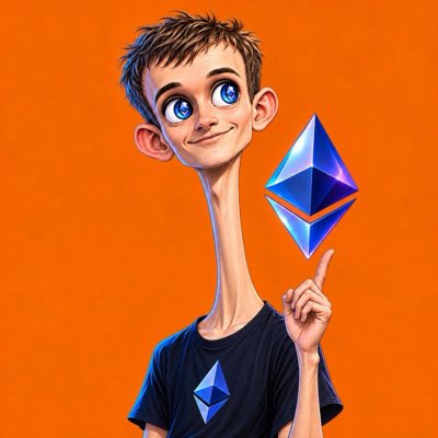 Cartoon illustration of a smiling young man with short brown hair pointing at a blue Ethereum diamond logo, wearing a black t-shirt also featuring the Ethereum logo against an orange background.