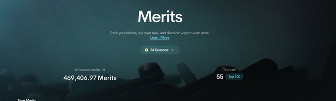 A dark-themed 'Merits' rewards page displaying '469,406.97 Merits' for the All Seasons Merits category and showing 'Your rank' as '55 Top 100'.