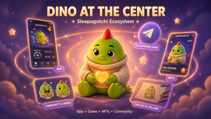 A promotional graphic titled 'DINO AT THE CENTER' featuring a cute green dinosaur mascot in a cream sweater, showcasing the Sleepagotchi Ecosystem across App, NFTs, Community, and Fan Art.
