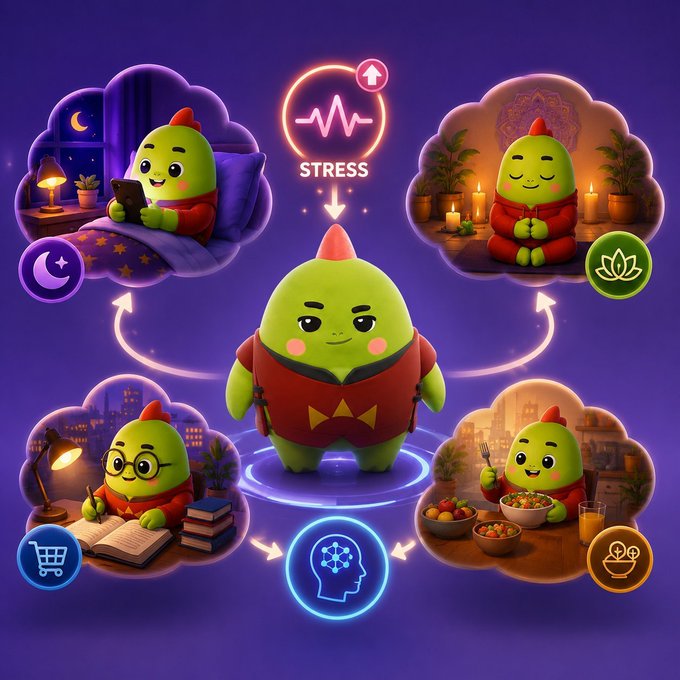 A digital illustration of a green character surrounded by thought bubbles depicting activities like sleeping, meditating, studying, and eating, designed to manage "STRESS" as indicated by the central text.