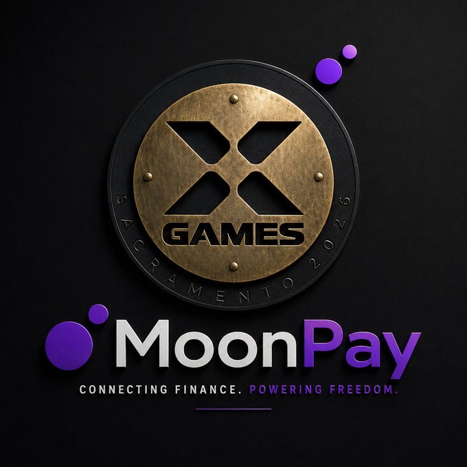 A promotional graphic featuring the X Games (Sagramento 2023) bronze medal emblem displayed above the MoonPay logo, which includes the tagline "Connecting Finance. Powering Freedom." The image visually ties MoonPay's expanding financial ecosystem to the post's theme of the company evolving beyond a simple crypto on-ramp into a broader platform with AI-powered tools and multi-chain capabilities.