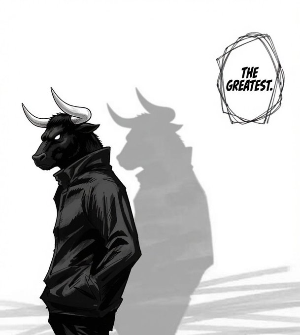 Black and white illustration of an anthropomorphic bull character wearing a jacket, with text 'THE GREATEST.' in a scribbled box to the right.