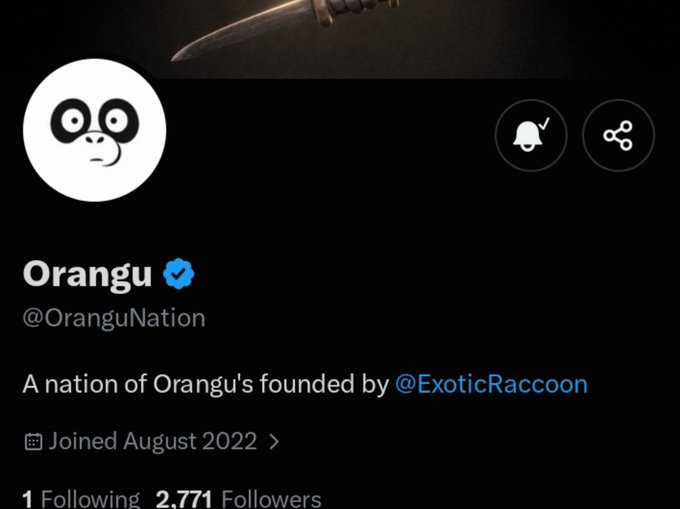 X (Twitter) profile page for 'Orangu' (@OranguNation) with a panda-like logo, reading 'A nation of Orangu's founded by @ExoticRaccoon', joined August 2022, with 2,771 followers.