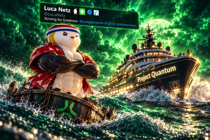 A digital artwork featuring a penguin mascot named 'Luca Netz' (@LucaNetz) wearing a red jacket and headband, sitting on a treasure chest in turbulent waters, with a large ship labeled 'Project Quantum' in the background under a green stormy sky.