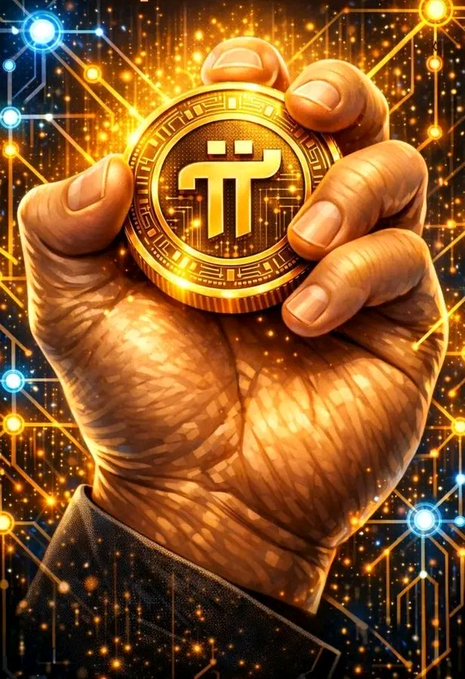 A digital art illustration of a hand holding a golden Pi cryptocurrency coin, set against a glowing circuit board background with orange and blue lights.